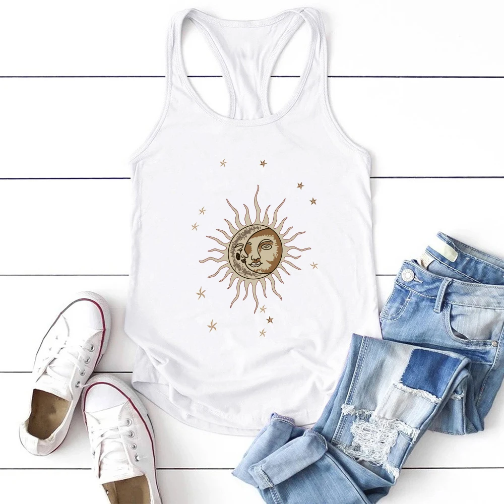 Seeyoushy Funny Women Tank Top Golden Sun and Moon Print Vest for Women Summer Clothes Harajuku Sleeveless Shirt Ropa De Mujer