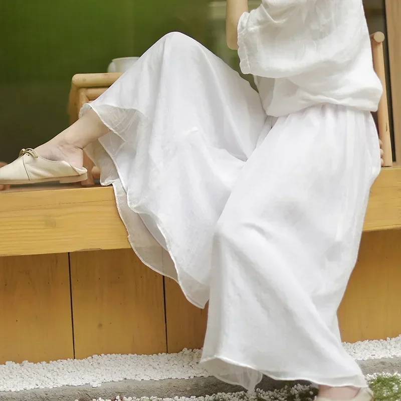 Vintage Cotton Linen Wide Leg Pants Female Loose Large Size Women White Pants Girls Summer Chinese Style Elegant Dance Trousers