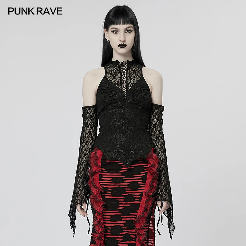PUNK RAVE Women's Gothic Lace Top, Black Polyester Elastane Cold Shoulder T-shirt with Lace-Up WT758