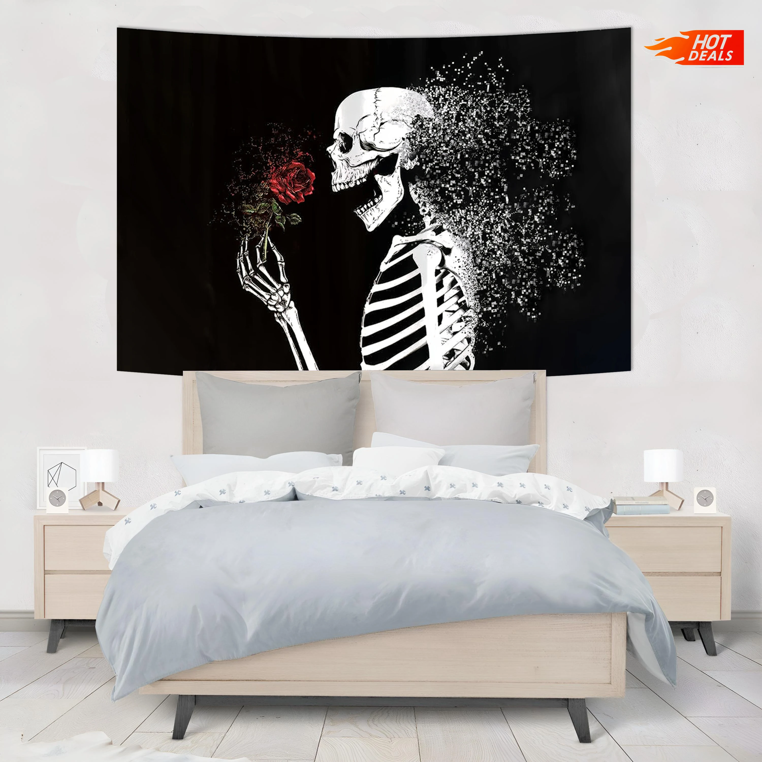 Black and white print romantic psychedelic skull art tapestry devil Satan rose tapestry house decoration bohemian decoration