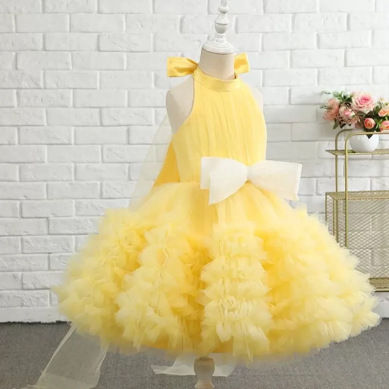 

2024 Baby Girls Dresses For 1st Birthday Party Backless Embroidery Elegant Big Bow Wedding Tutu Gown Girls Formal Gala Costume