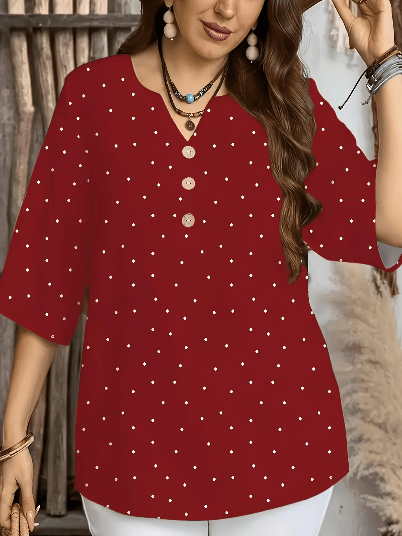 5 Styles Geometric Polka Dot Abstract Wavy Print Blouses Notch V Neck 3/4 Sleeve Shirts