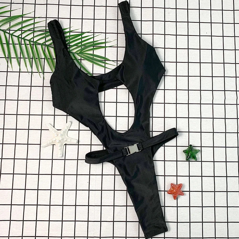 Women White Cut Out One Piece Swimsuit Buckle Belt High Cut Thong Bathing Suit Sleeveless High Stretch Nylon Beach Swimwear