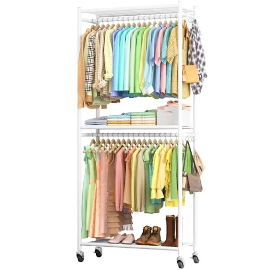 

Clothes Rack - 33.0" x 12.2" x 79.5" Clothing Rack with Shelves and Wheels Multi-Functional Wardrobe Closet with Hooks Sturdy M