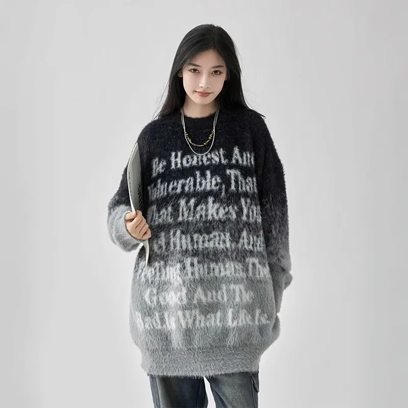 Gradiënt Trui Vrouwen 2024 Herfst Winter Warm Oversized Pullover Streetwear Y 2K Letters Lange Mouw Top Dameskleding