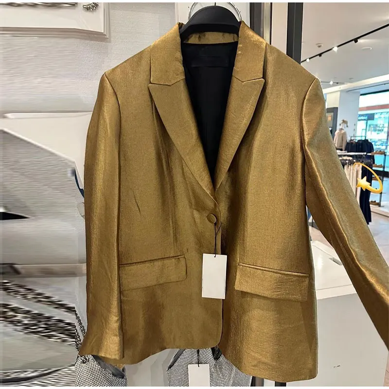 Gold Loose Lapel Collar Blazer Jacket Women Fit Tweed Jacket Spring Autumn Long Sleeve Coat Streetwear Elegant Chr Outerwear