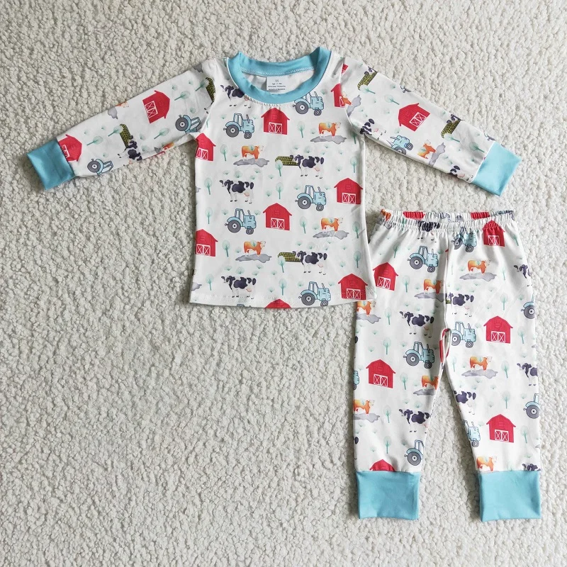 

New Fall Baby Boys Farm Car Long Sleeve Pants Pajama Set Wholesale Boutique Children Kids Clothing Outfit Set