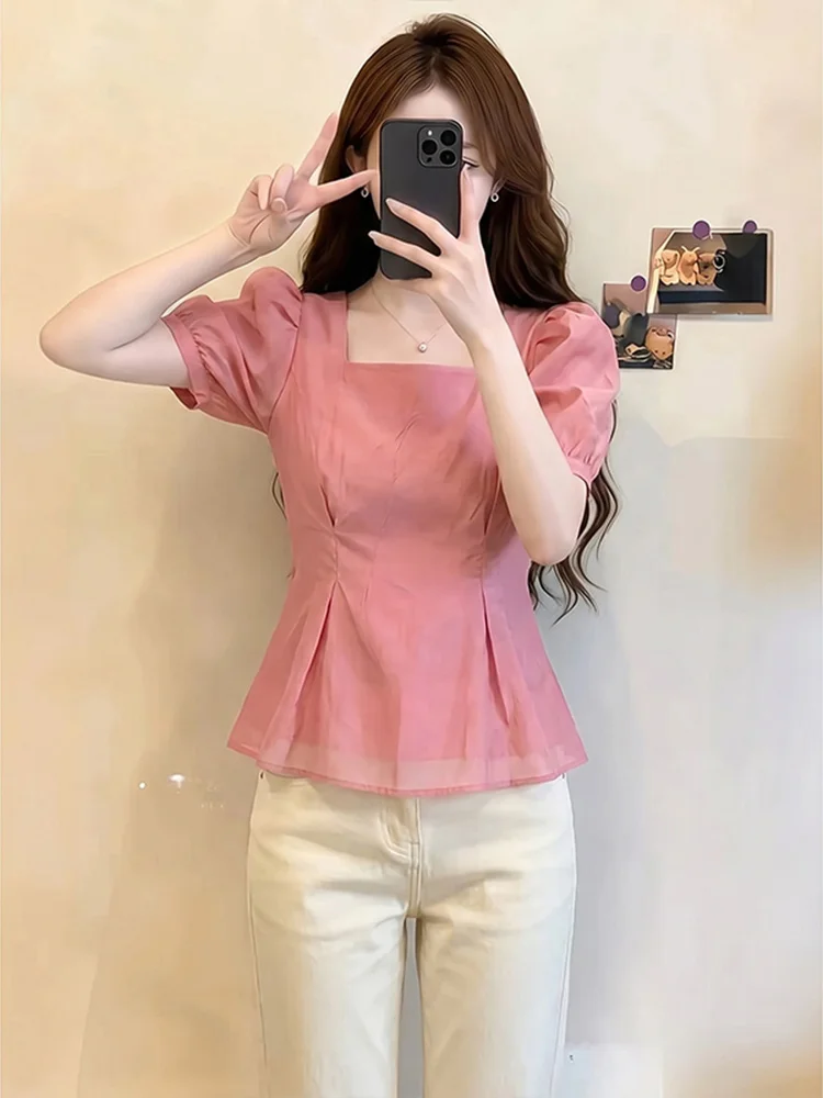 

Casual Style Bubble Sleeve Short Sleeve Shirt Women's Waist Cinching Slimming Summer New Arrival Pink Color High End Feeling ...
