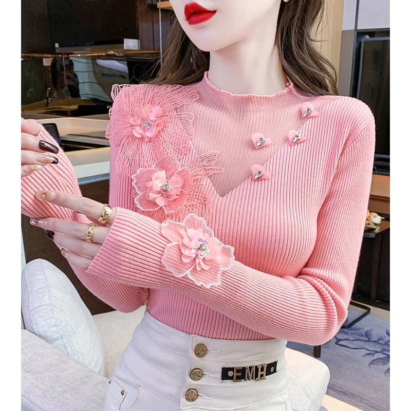 

Half High Collar Women Pullovers Sweater Autumn Winter Flower Diamond Knitted Shirt Patchwork Long Sleeve Knitwear Tops
