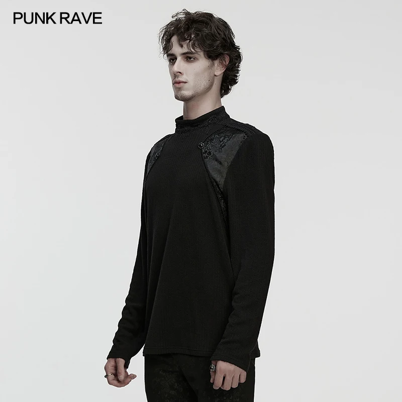 PUNK RAVE Men's Gothic Striped Knit Minimalist Loose Jacquard T-shirt Decorative Webbing Buttons Personalized Casual Dark Tops