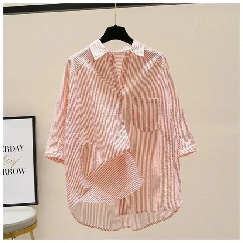 Spring Summer Female Solid Color Stripe Middle Sleeve Shirt Tops Korean Little Fresh Loose Fitting Single Pocket Cardigan Blouse