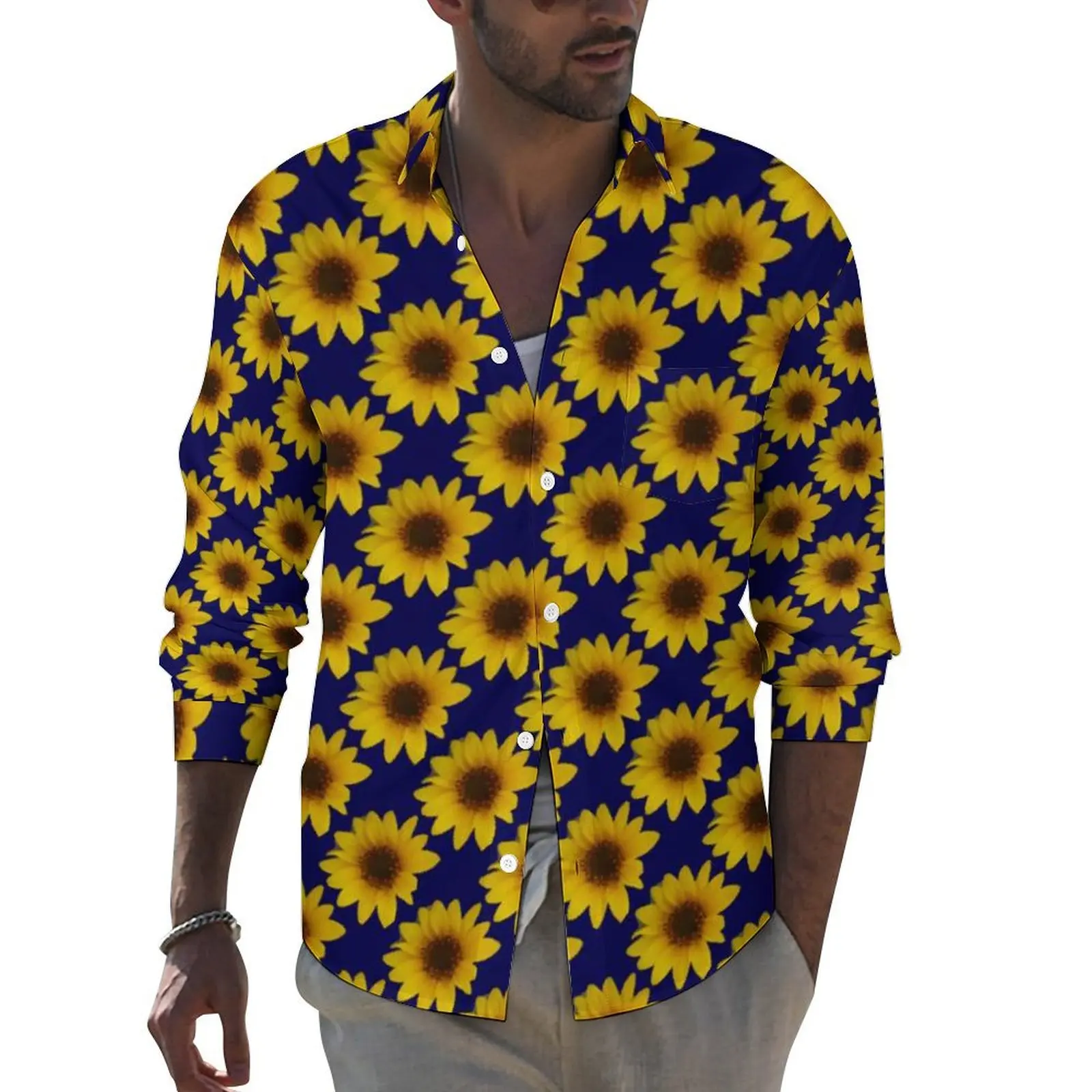 

Cheerful Sunflower Shirt Spring Bright Yellow Flower Casual Shirts Man Cool Blouses Long Sleeve Pattern Y2K Clothes 3XL 4XL