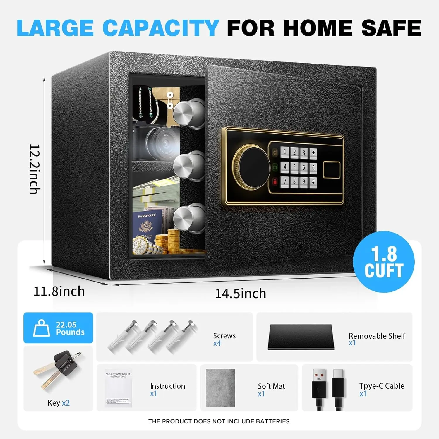 1.8 Cu Ft Fireproof Safe Box for Home - Steel Lock Box for Office & Home Security, Digital Electronic Keypad, Alarm System & Rem