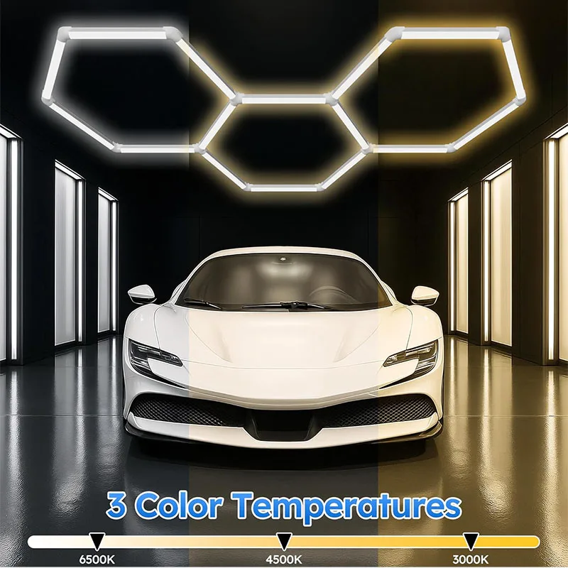 Dimmable LED Honeycomb Ceiling Lamp 3000K-6500K 3 Colors Lighting Large Hexagonal Garage Lights Home Car Care Wash Room Light