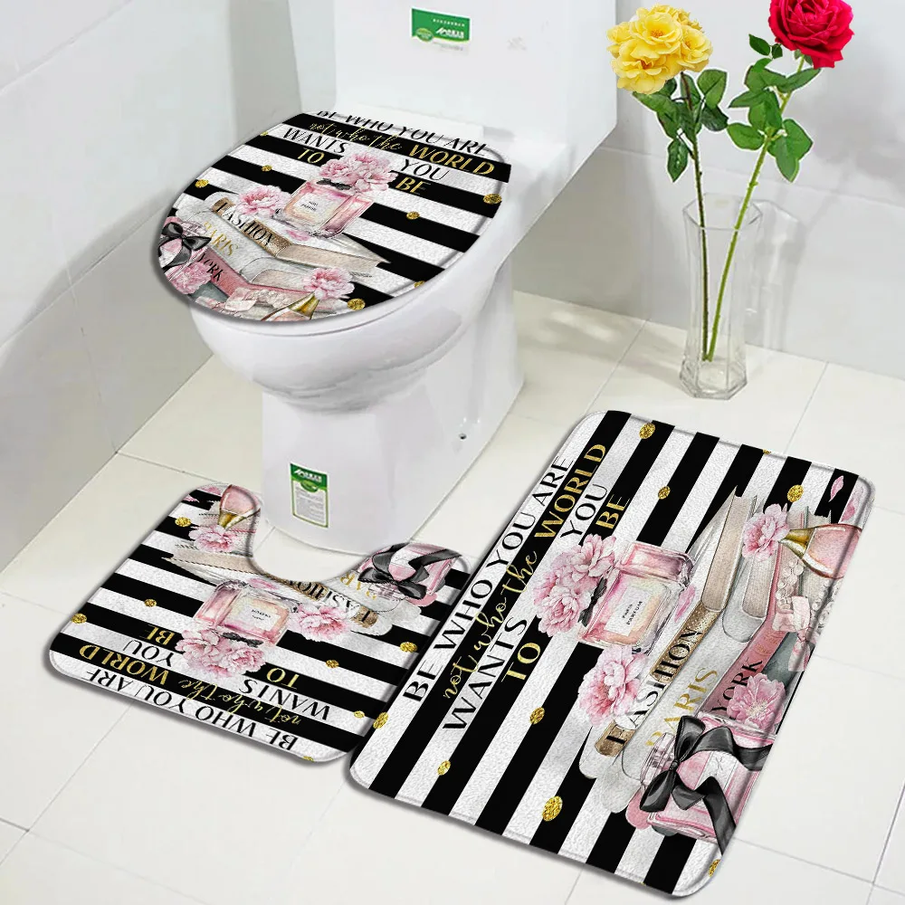 Fashion Perfume Bath Mats Sets Flowers Black And White Striped Door Rug Women Girls Home Bathroom Decor Flannel Toilet Cover Mat