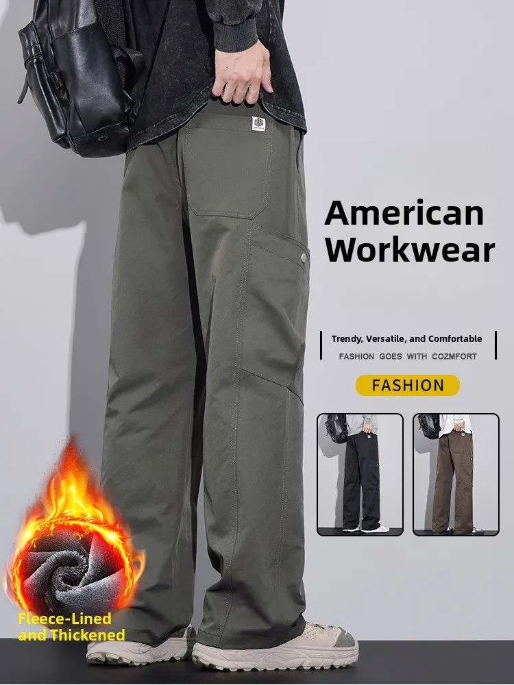 

Men's Fce Lined Loose Fit Thi Casual Trousers Autumn Winter New Sle Dstring Waist American Sle Polyester Fiber