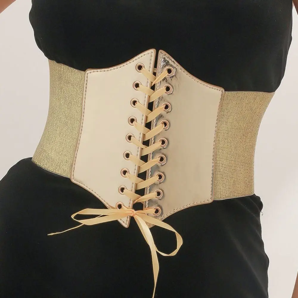 

Personality PU Leather Gold Cummerbunds Dress Girdle High Waist Female Waistband Elastic Wide Waist Belt Corset