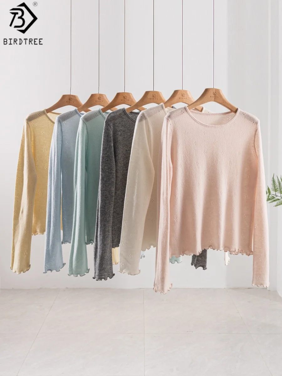 

Birdtree 100% Sheep Wool Basic Knit Blouse,Woman Pickled Long Sleeved O-neck Curved Hem Woolen Sweater Autumn Winter T58021JF