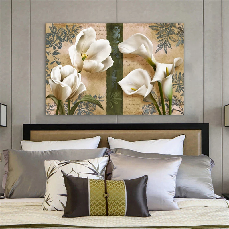 One Piece Vintage White Flower Posters and Prints Canvas Painting Wall Art Picture for Living Room Home Decoration NO FRAME