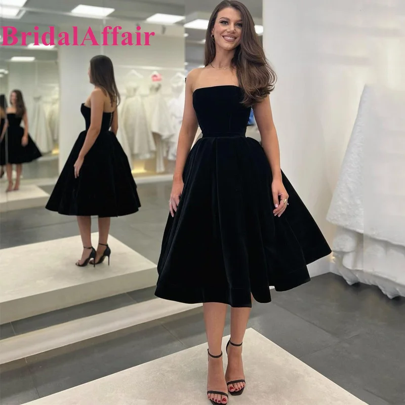 

BridalAffair Sexy A-Line Prom Dresses Black Strapless Velvet Knee Length Evening Cocktail Party Prom Gown Plus Size Saudi Arabia