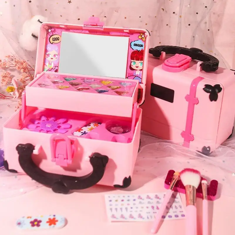 Ensemble de maquillage pour enfants, véritable ensemble cosmétique, jeu de simulation pour filles, jouets de maquillage pour enfants, ensemble de vanité de beauté avec étui à cosmétiques