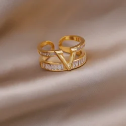 South Korea hot selling fashion jewelry 16K gold plated luxury zircon letter V open ring elegant women's daily work accessories