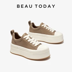 BEAUTODAY Casual Sneakers Women Genuine Cow Leather Platform Solid Color Round Toe Lace-up Basket Female Traniers Handmade 29769