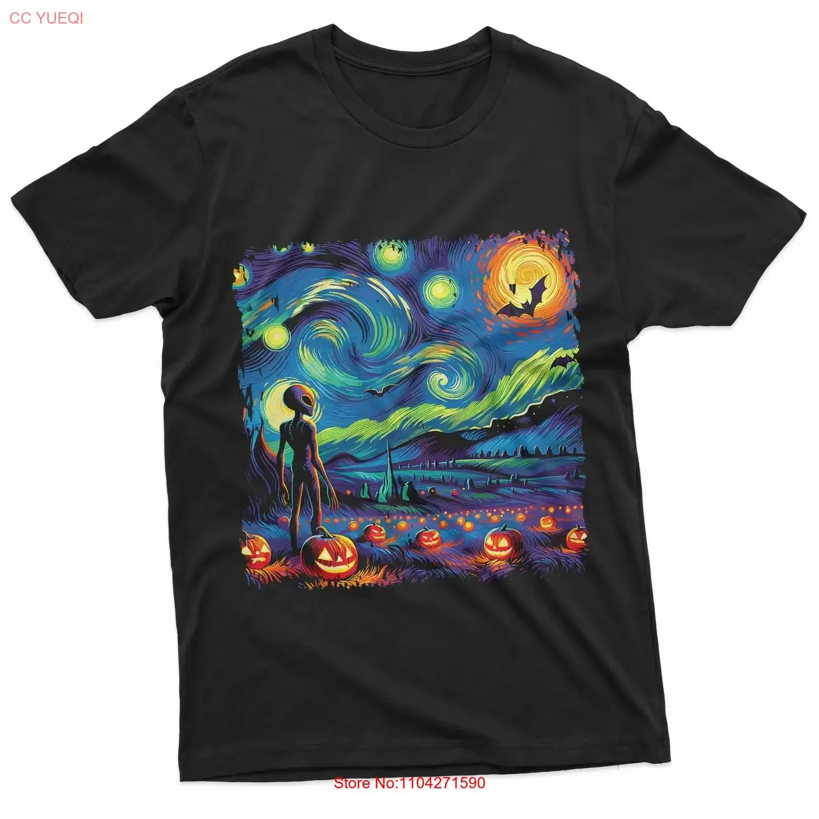 Van Gogh Starry Night Alien Man Halloween Fall Pumpkin Bats T Shirt vintage Washed Comfortable Stretched homme streetwear