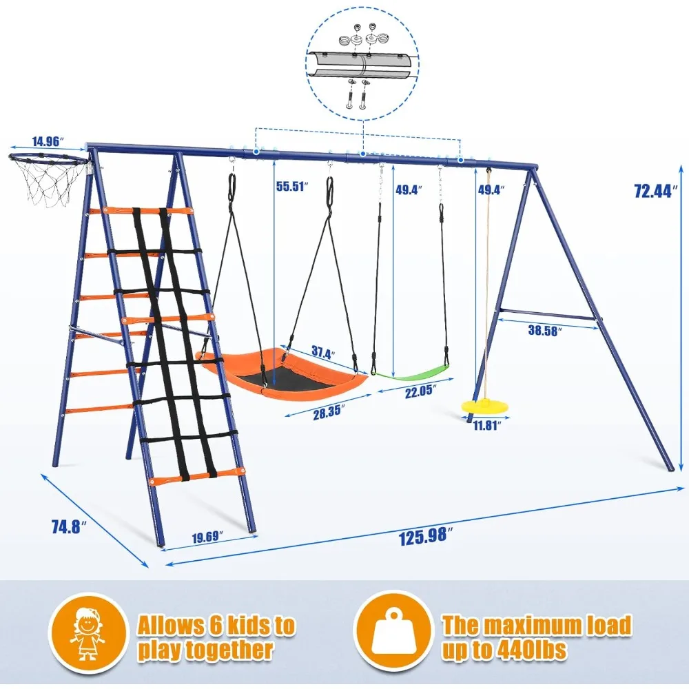 مجموعة أرجوحة للفناء الخلفي - مجموعات ملعب 6 في 1 شديدة التحمل 550 رطل ترقية أرجوحة الصحن للأطفال في الهواء الطلق حامل أرجوحة معدني