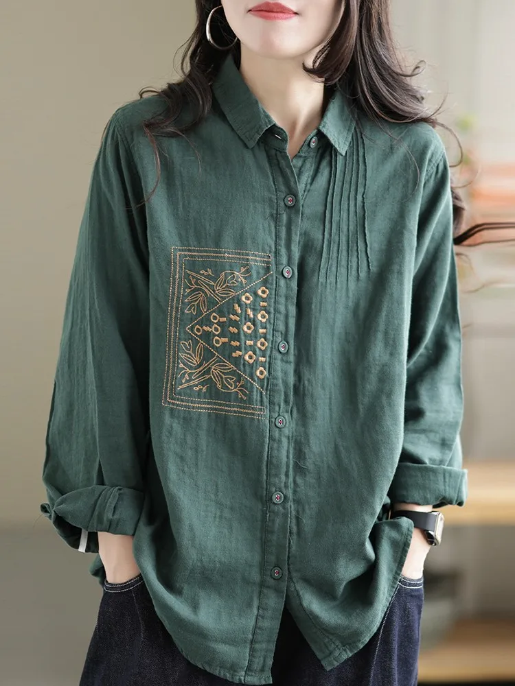 High Quality Women Casual Shirts New Arrival 2023 Spring Vintage Style All-match Embroidery Loose Female Cotton Tops Shirt B2221