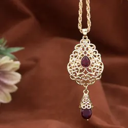 Sunspicems Arabic Women Water Droplet Pendant Necklace Gold Color Hollow Arabesque Tears Drop Design Algeria Bridal Bijoux