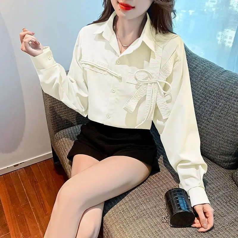 2024 Autumn New Patchwork Bow Polo Collar Sweet Blouse Single Breasted Fashion Solid Loose Casual Long Sleeved Blouses Shirts