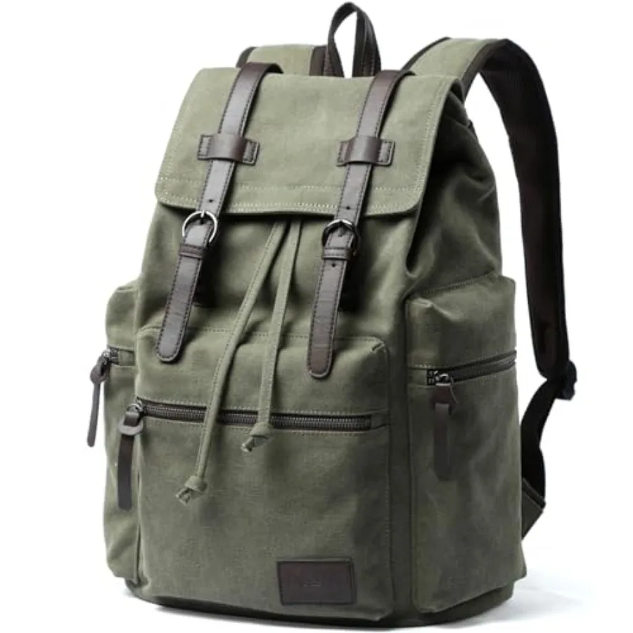 

Vintage Canvas Backpack for Men Olive Green Rucksack Fit 15.6 inch Laptop Retro Flap Daypack for Casual Hiking Travel Commute