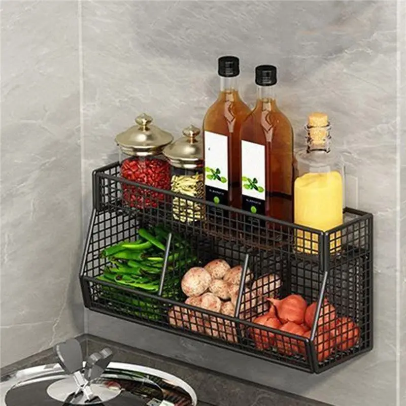 ABFY-Kitchen Wall Mounted Storage Rack Double Layer Shelf Fruits Vegetables Holder Onion Garlic Condiments Spices