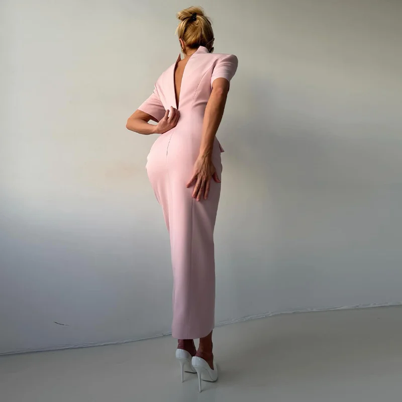 2026 Sommer Stehkragen Einfarbiges Damen-Midikleid Elegantes Einreihiges Kurzarm-Slim-Kleid Modisches Neues Damen-Langes Kleid – Detail 13