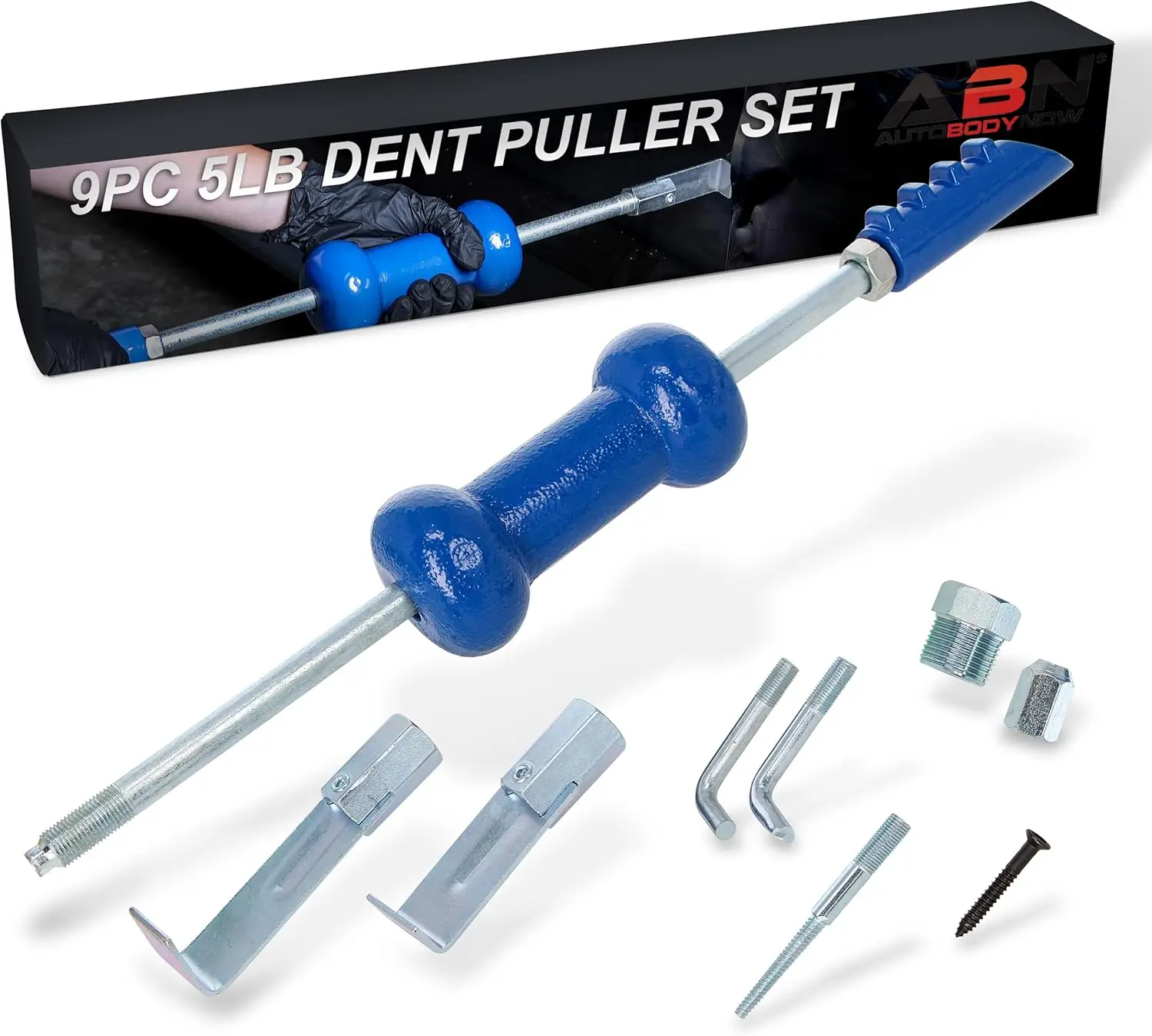 

Auto Slide Hammer 9-Piece Set, 5lb Pound – Puller Kit for Small Hail Dent Removal on Car Body