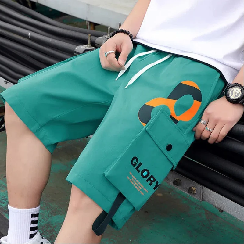 Trend Fashion Versatile Summer Men\'s Elastic Waist Drawstring Pockets Letter Print Young Style Casual Loose Knee Length Shorts