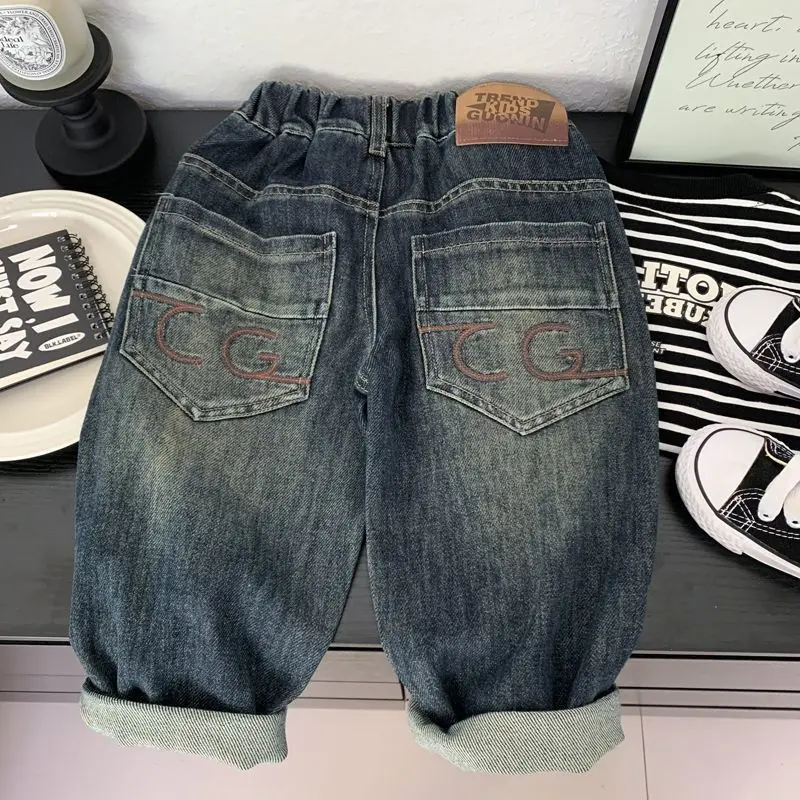 

Корейские модные осенние джинсы для мальчиков, прямые штаны для маленьких девочек, джинсовые штаны для мальчиков, детские свободные штаны, детские джинсы, От 2 до 8 лет