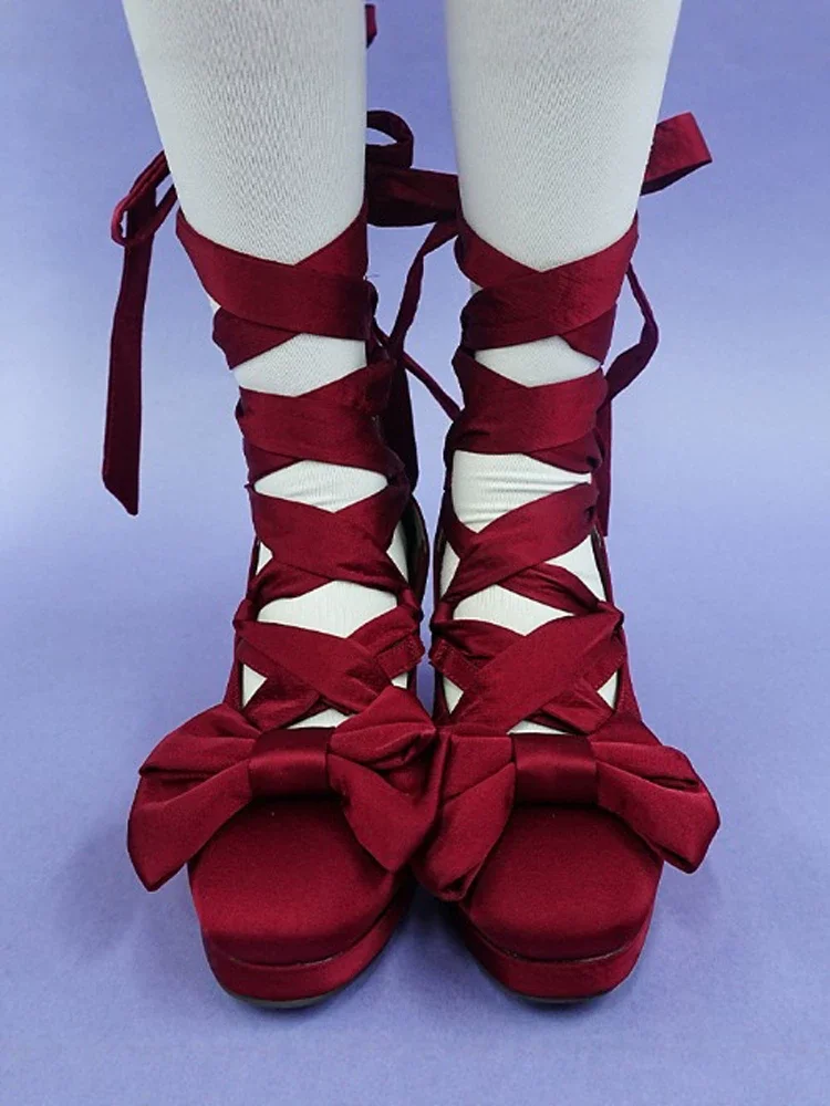 Gothic Dark Lolita High Heels Bow Palace Women's Cross Strap Single Shoes Japanese Style High Heels Performance Ballet Shoes
