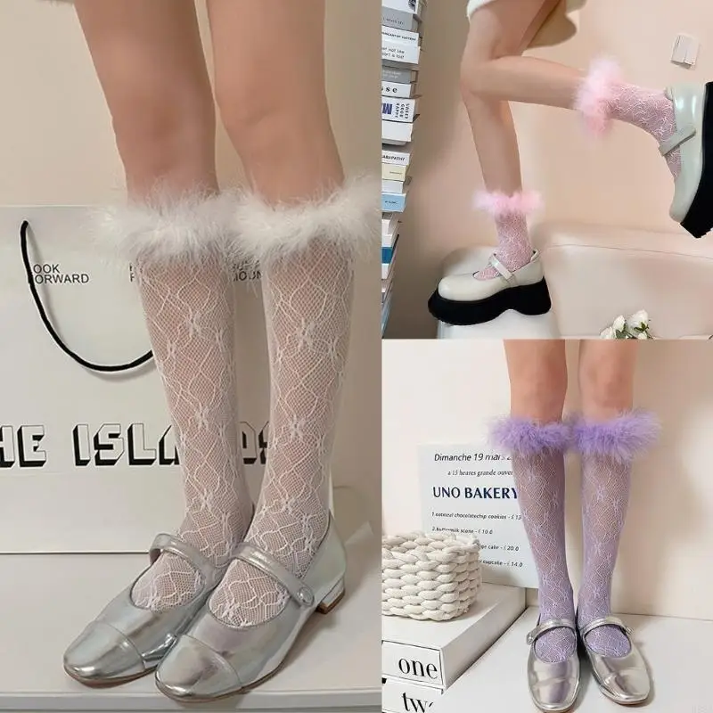 P88A الجوارب النسائية الدانتيل العجل الجوارب بلون شبكة جوارب الركبة جوارب فروي الزخارف #2