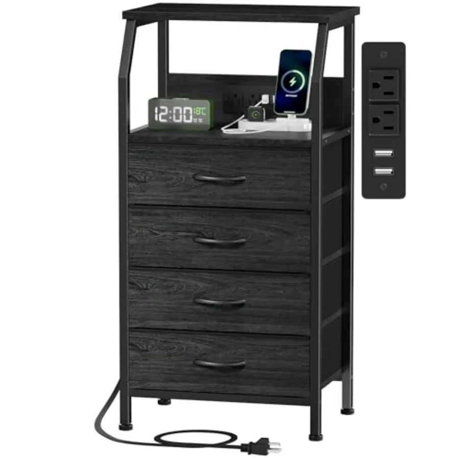 

Night Stand with Charging Station, Dresser with Storage Shelf, 33.3 Inch Tall Side Table, Fabric End Table for Closet, Entryway