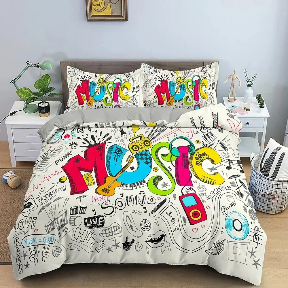 

Musical Note Bedding Set Music Theme Quilt Cover Full King Queen Size with Pillowcase Fashionable Psychedelic Soft Duvet Cover