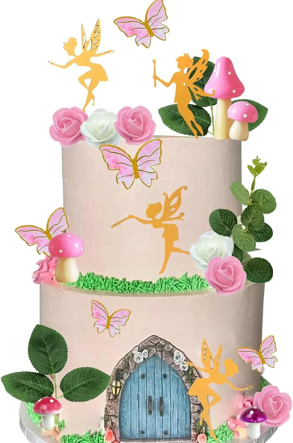 Fairy Cake Toppers Butterfly Cake Decorations Pink Mushroom Door Flowers Cake Decoration for Birthday Baby Shower Party Supplies