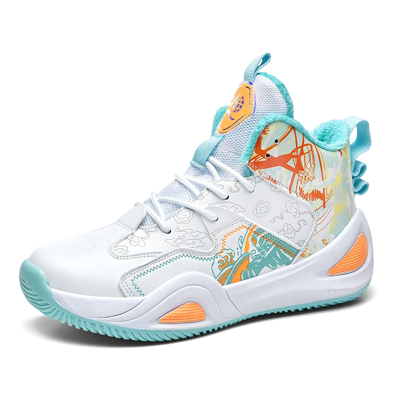 Winter Fleece Lined Basketball Shoes High Top Warm Plush Sneaker Rubber Non‑Slip Sole Cushion Breathable Sports Shoes Size 35‑45