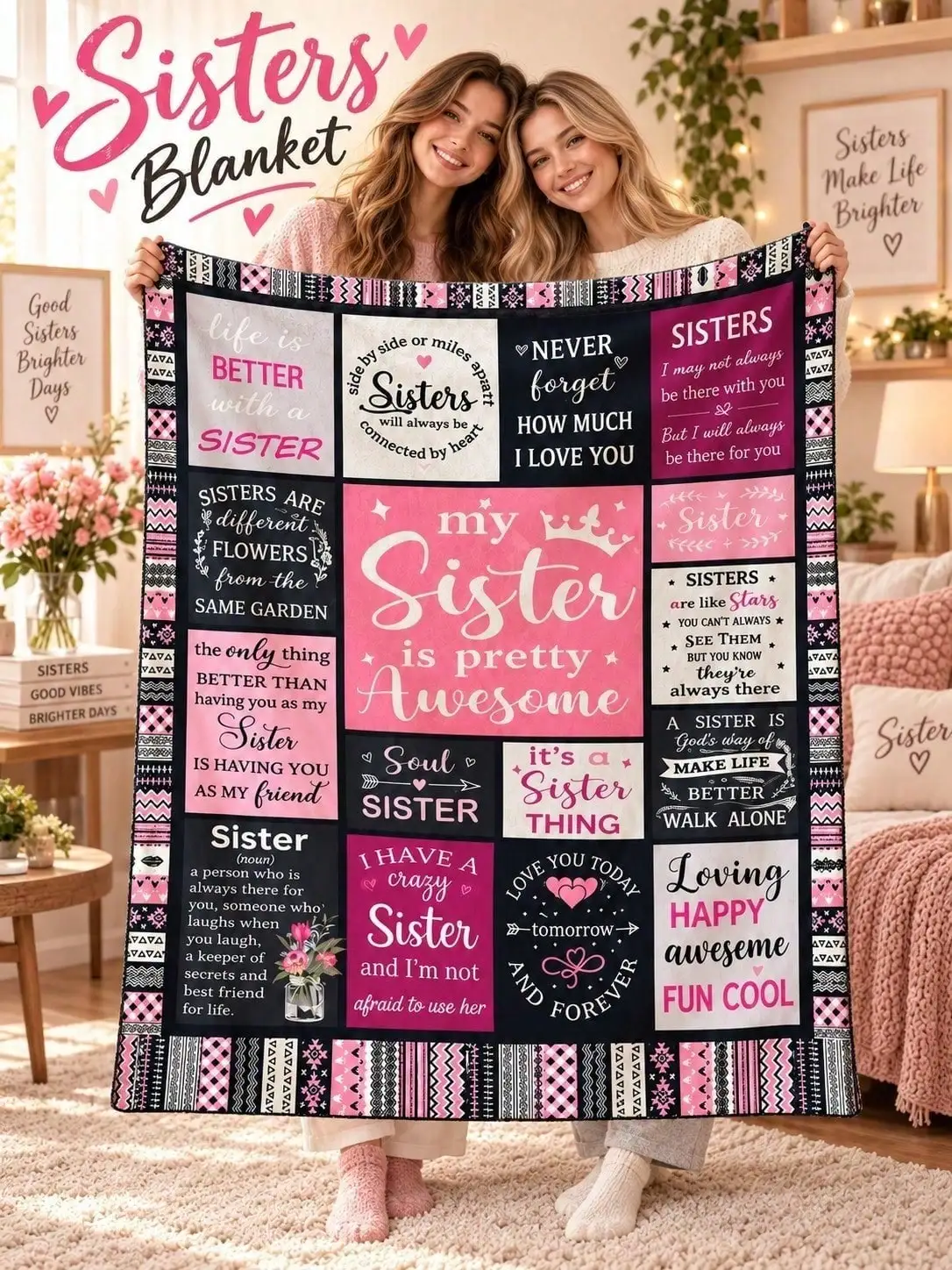 Sister Typography Hearts Friendship Flannel Blankets Sofa Bed Throw Home Decor Bedroom Living Room Christmas Halloween Thanksgiving Birthday Anniversary Housewarming Gift Family Friends Guestroom Apartment Winter Holiday Reading Nook Dorm Office