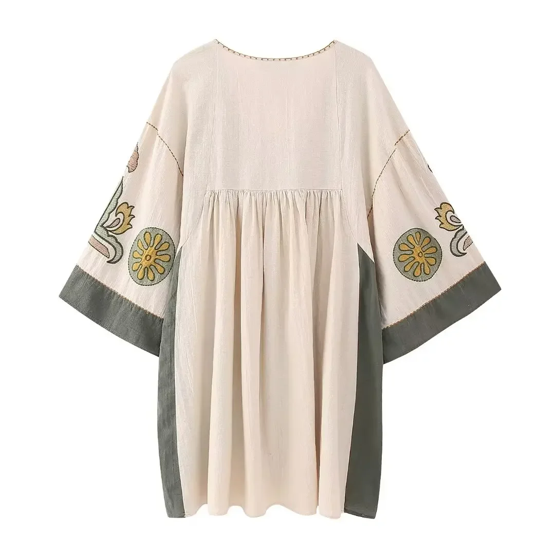 Women Dress Summer Linen Embroidery V-Neck Dress Casual Female Flare Three Quarter Sleeve Knee Length Leisure Dresses