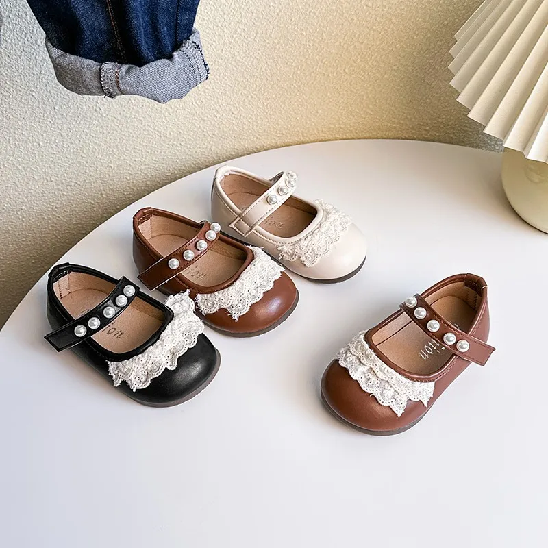 

2025 Spring Autumn New Children Princess Shoes for Girls Fashion Korean Style Soft Bottom Anti-slipper Baby Lace Leather Shoes