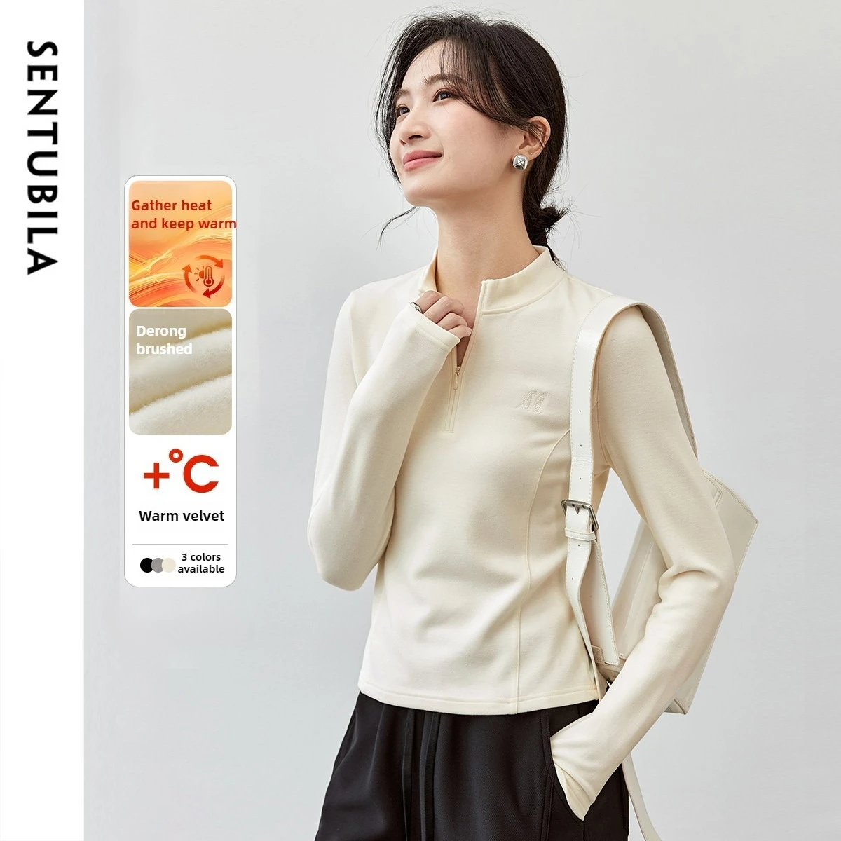 SENTUBILA المرأة متماسكة البلوز 2025 الخريف نصف سستة الوقوف طوق التطريز الأعلى سليم صالح ملابس نسائية أنيقة 143T56422