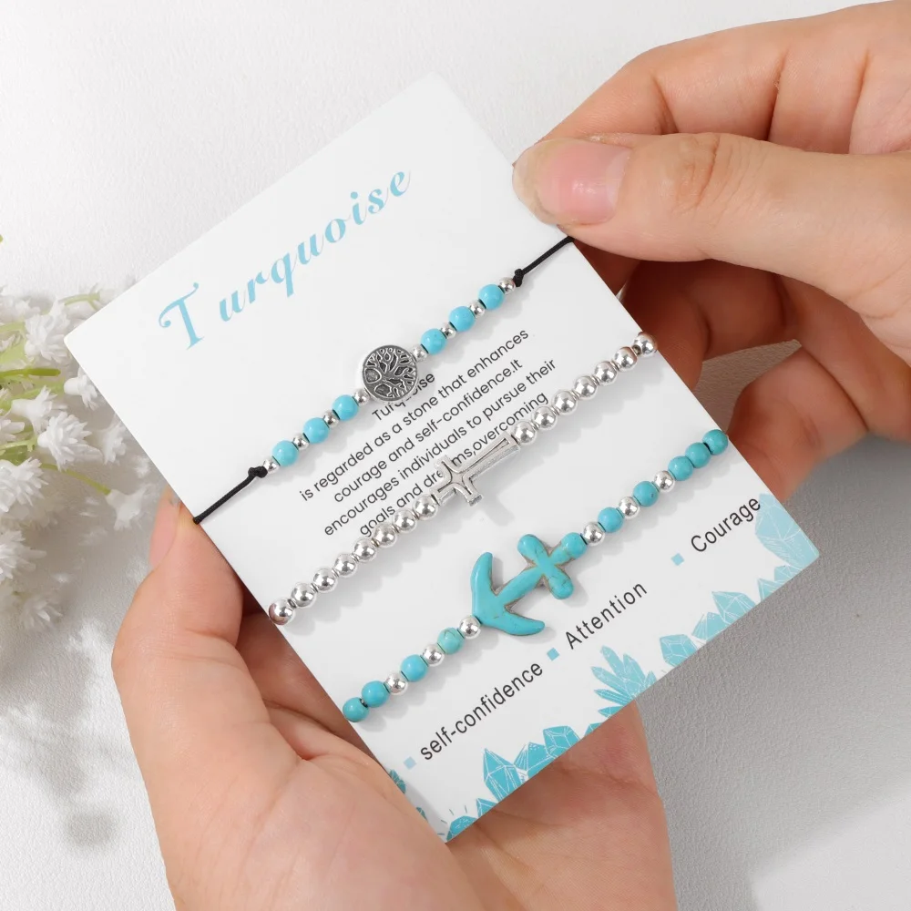 男性と女性のためのターコイズブレスレットセット,生命の木,アンカー,クロス,ウミガメ,サボテン,象,チャームバタフライ,ジュエリー,3個