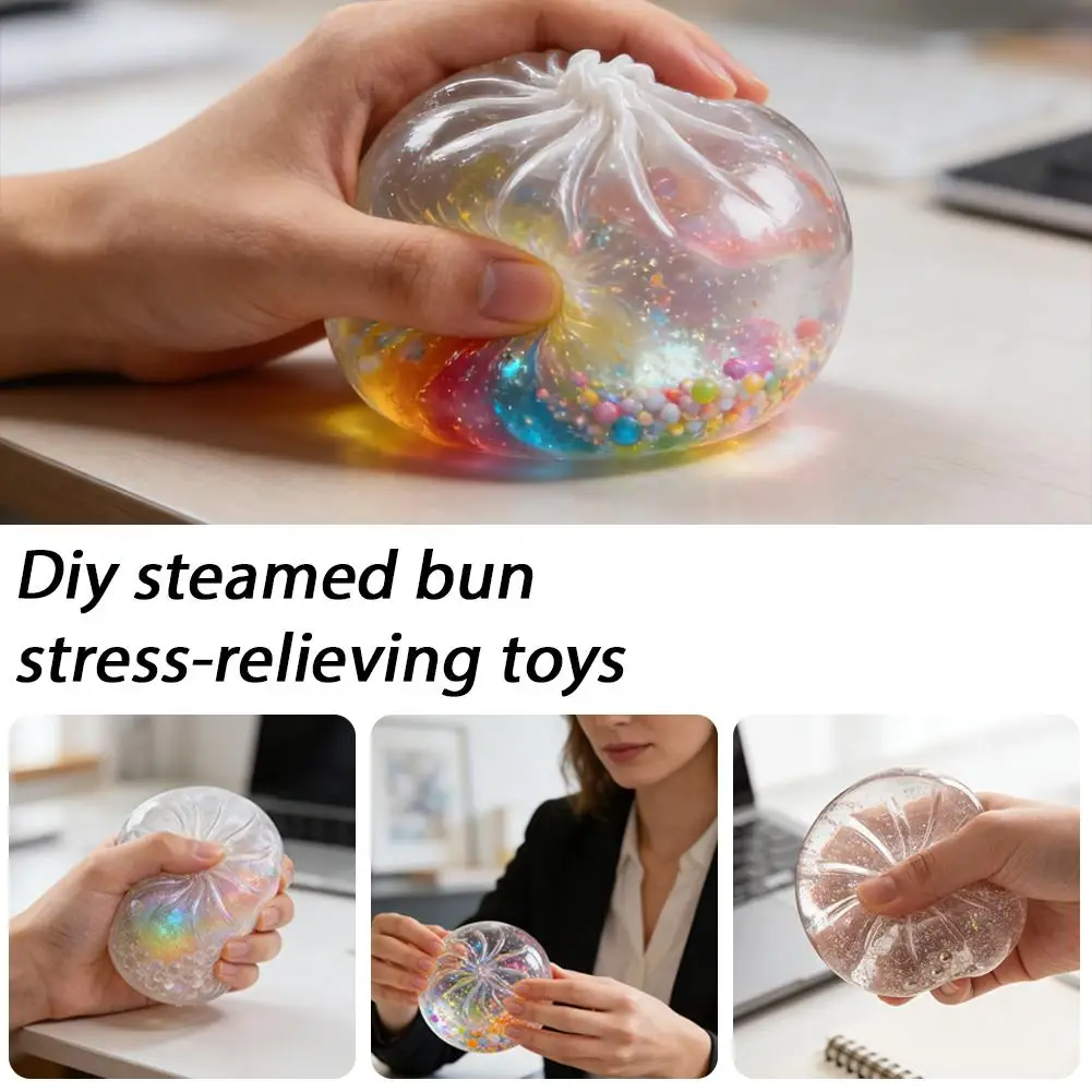 8cm Transparent DIY Bun Stress Relief Toy Crystal Clear Squeeze Fidget Ball For Anxiety Relief Office Home Decor